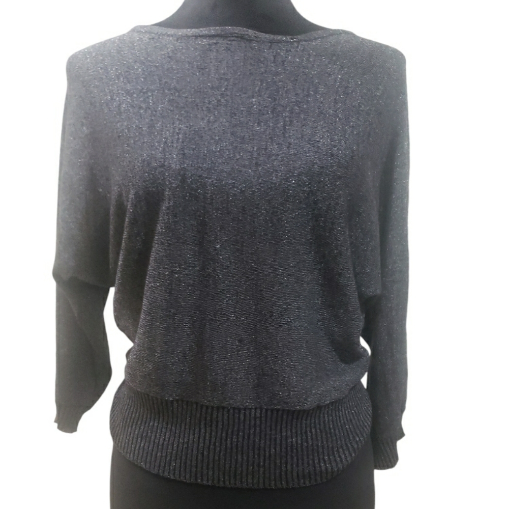 BLACK SILVER METALLIC 3/4 SLEEVE WOMEN’S SHIMMER TOP BATWING SLEEVES TOP